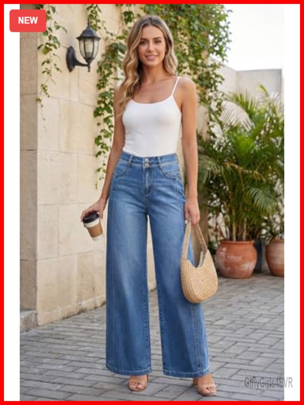 Cotton Blend High Rise Wide Leg Stretchy Denim Jeans with Contrast Seams - Picture 5 of 7